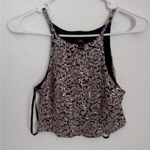 I.N. San Francisco Rose Sequined Crop Cami in Black